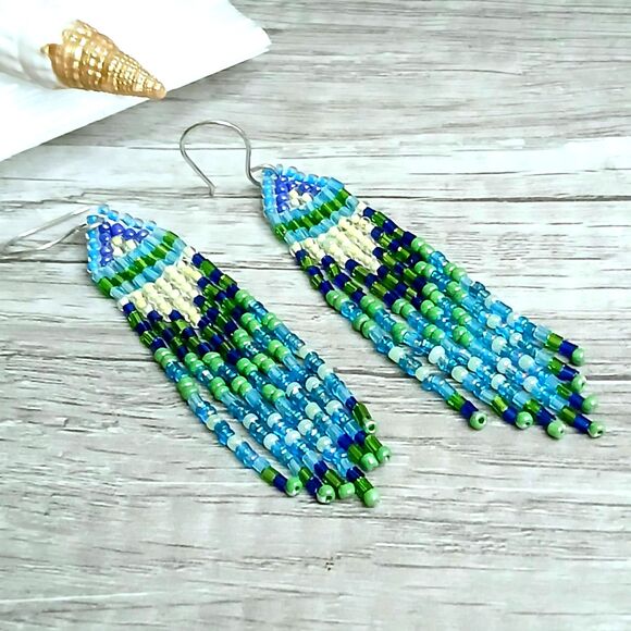 Boho Chic Beaded Fringe Dangle Earrings, Blue & Green, Seed Bead Jewelry, 3.5" - Picture 7 of 7